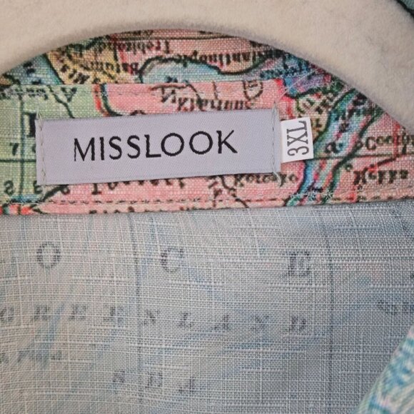 MissLook Novelty World Map Print Linen Button Down Shirt Size 3X - Picture 6 of 7